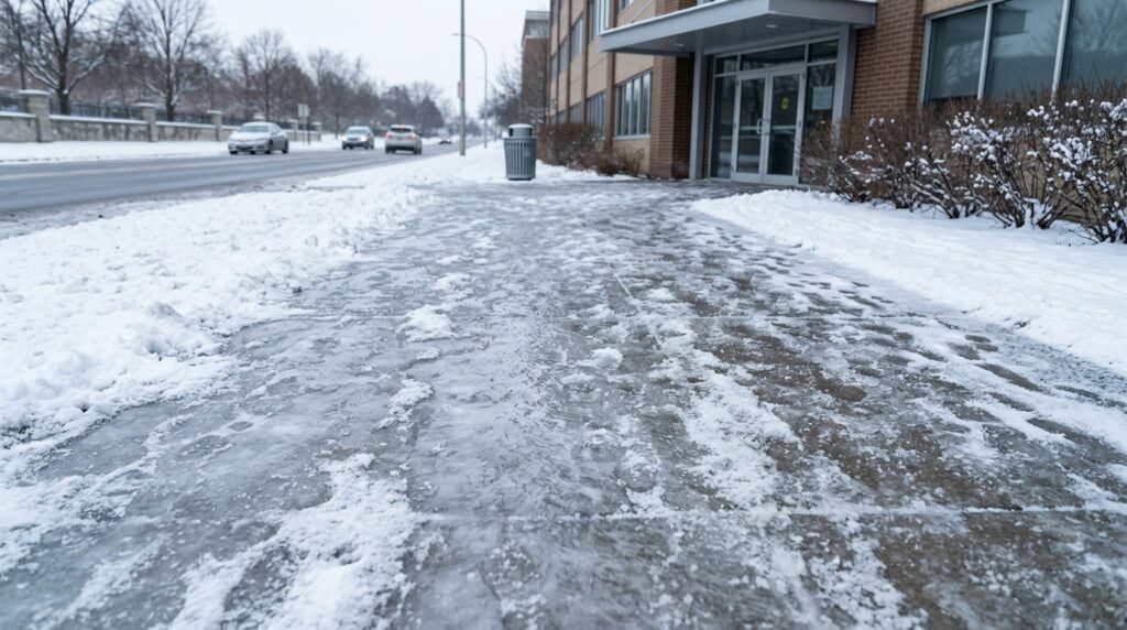 Snow, Ice, and Property Owner Liability in New York Icy sidewalk outside a New York property in winter