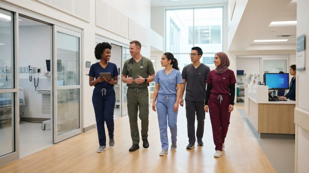 Healthcare professionals wearing comfortable medical scrubs in a modern clinical setting
