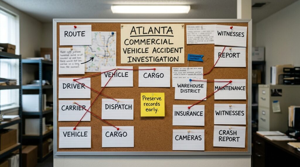 Atlanta commercial vehicle accident evidence board with route driver carrier vehicle cargo dispatch maintenance insurance and camera records