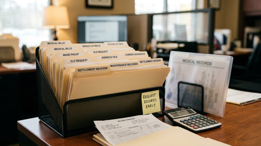 Atlanta commercial vehicle claim records tray with medical bills repair estimate wage proof ELD request dispatch file carrier insurance and settlement review