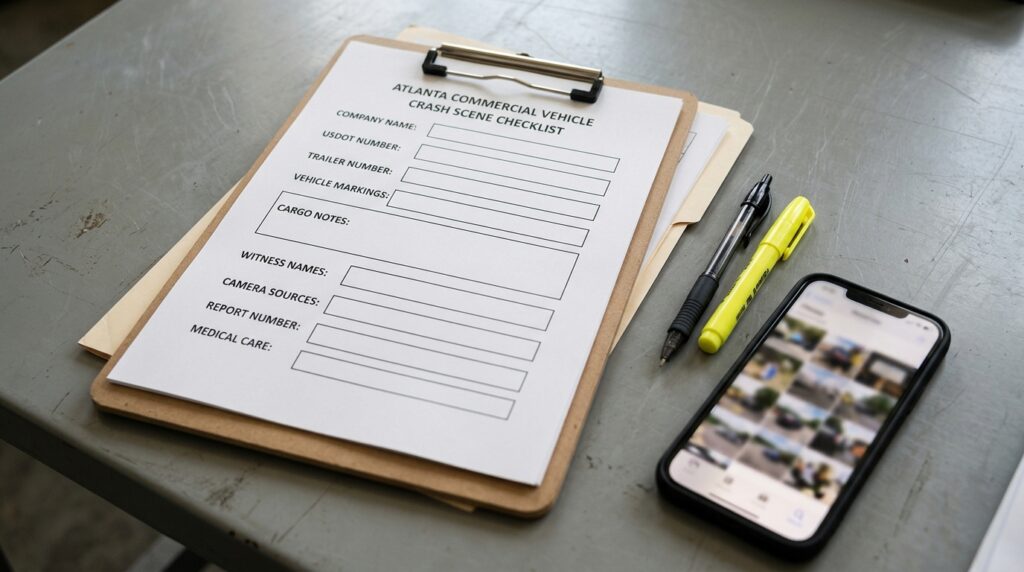 Atlanta commercial vehicle crash scene checklist with company name USDOT number trailer number cargo notes witnesses cameras and medical records