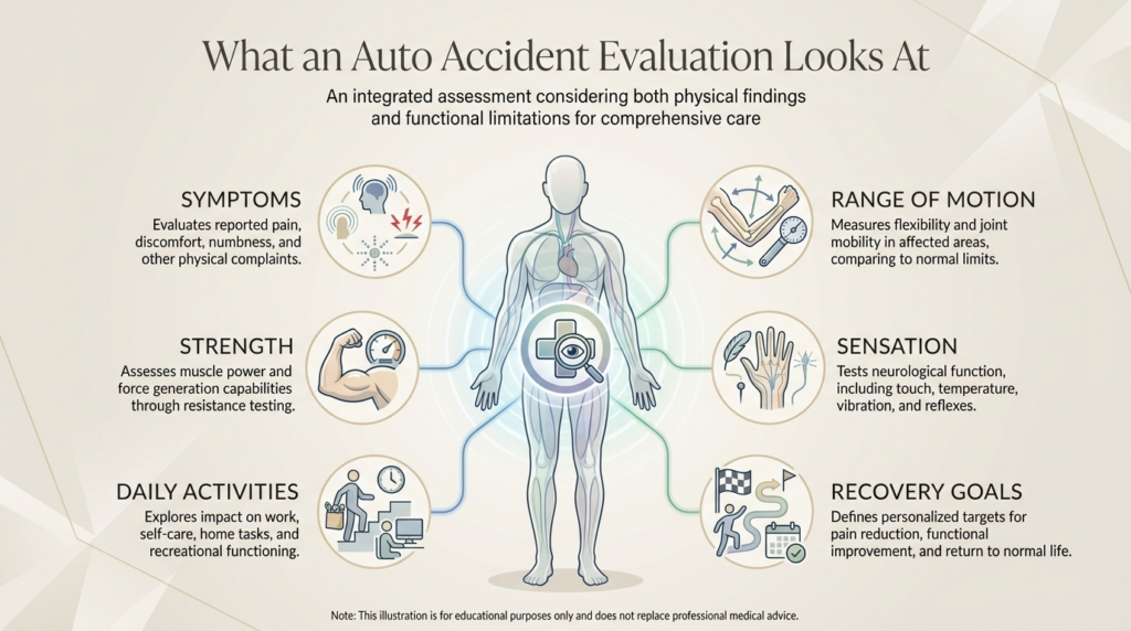 Dallas auto accident injury evaluation assessing mobility and accident-related symptoms